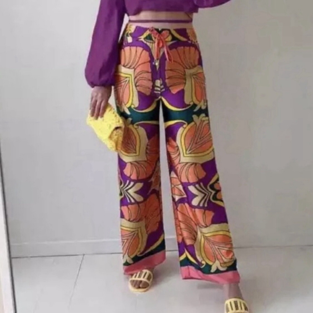 ZARA ✨BLOGGERS FAV Colorful Printed Satin Pajama Style Pant Size XS - Picture 5 of 15